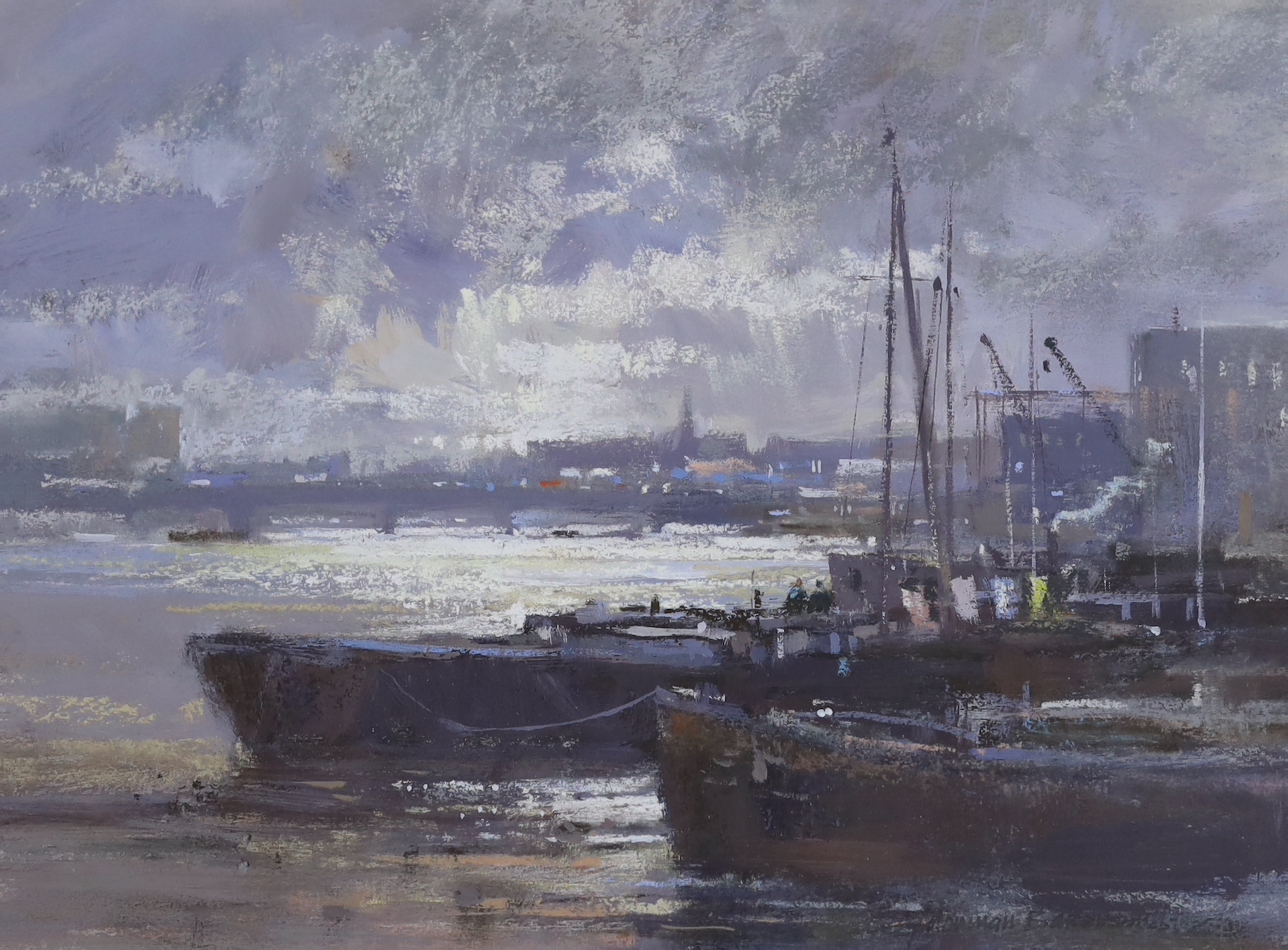 Norman Battershill (b.1922) heightened pastel and mixed media, 'The Thames, Chelsea', signed, 30 x 22cm
